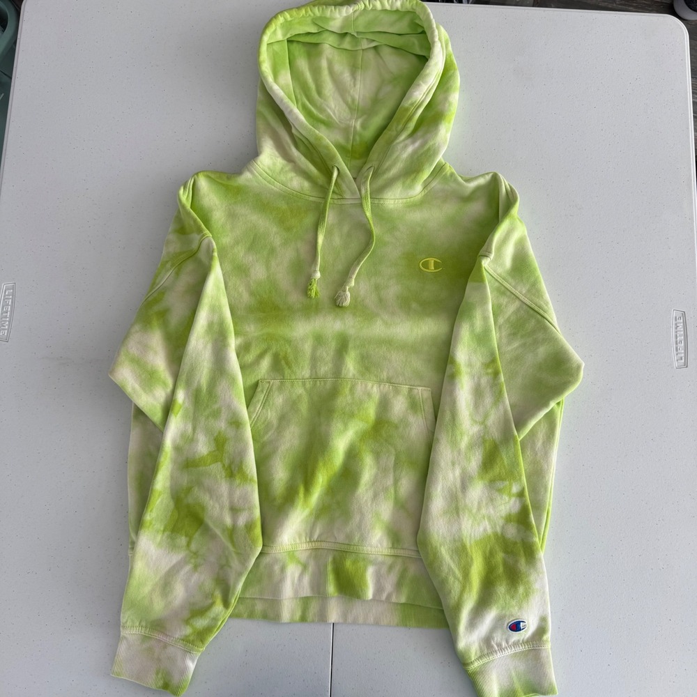 Champion Womens‎ Neon Green Tie Dye Pullover Hoodie Fleece Sweatshirt Athleisure